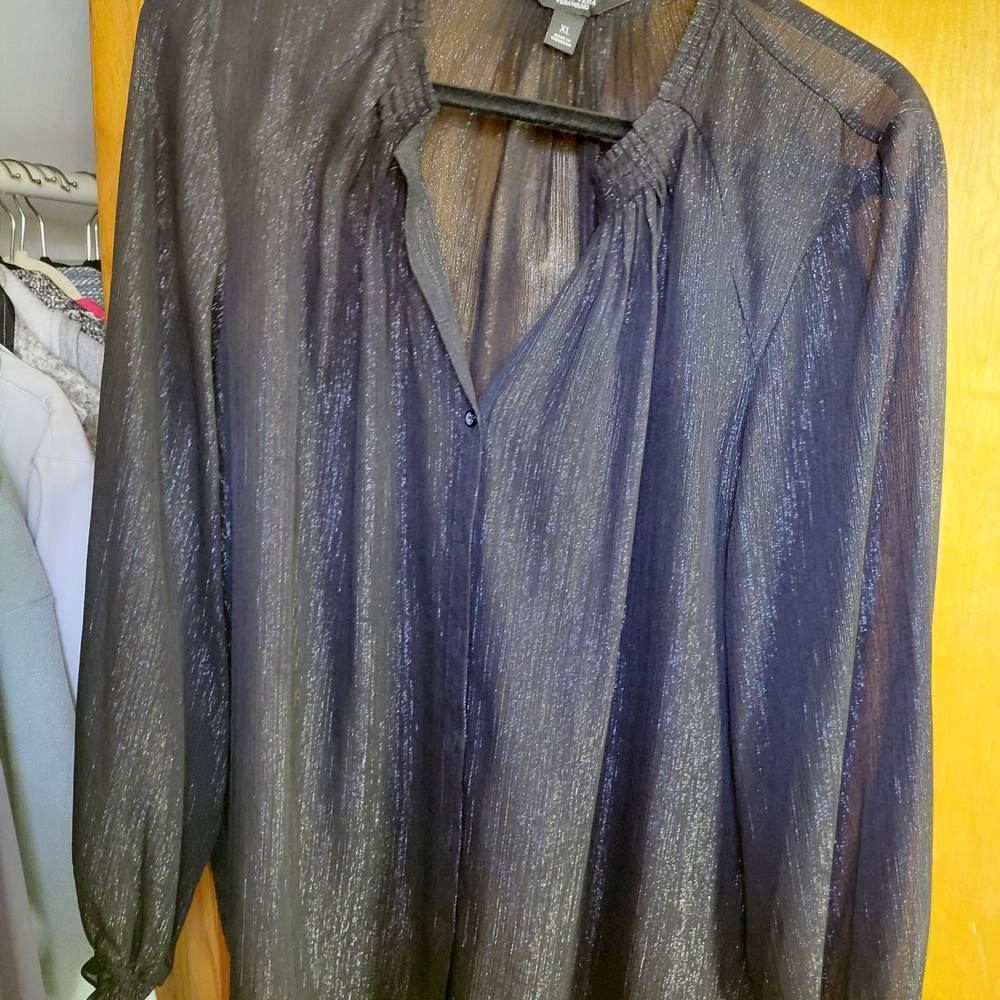 Simply Vera Vera Wang Black Sheer Metallic-Striped Button Front Blouse